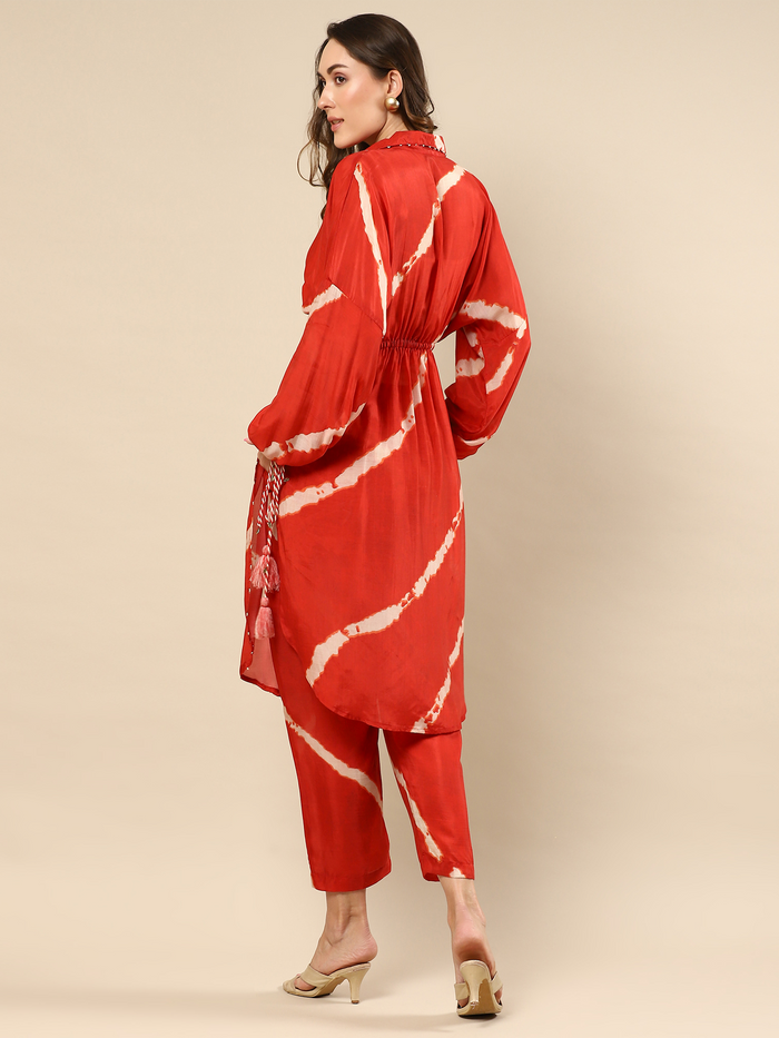 Red Cotton Silk Tunic Set