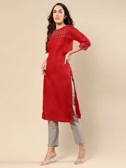 Red Embroidered Cotton Kurta