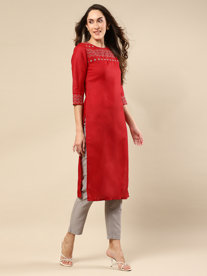 Red Embroidered Cotton Kurta