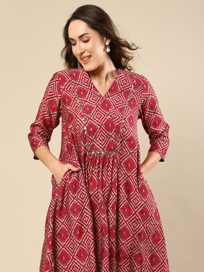 Red Printed Cotton Silk Co-ord Set