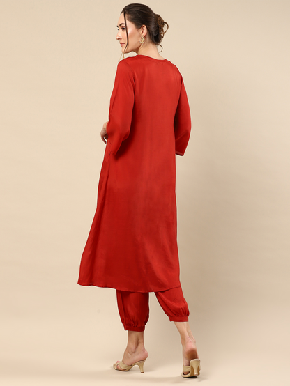 Red Zari Work Cotton Silk Suit Set