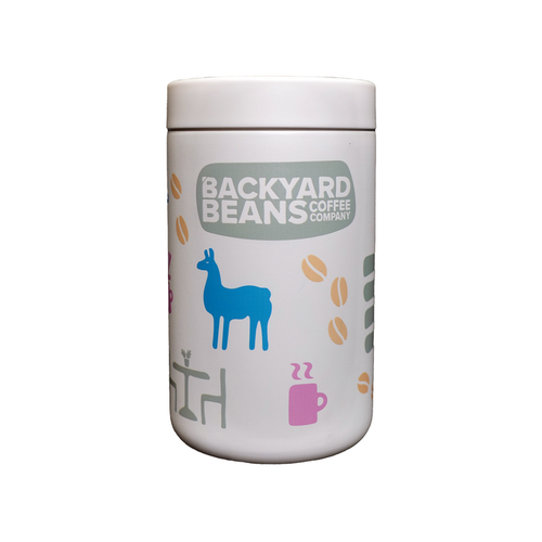 White reserve canister with 'Backyard Beans Coffee Company' branding and llama illustration on a white background
