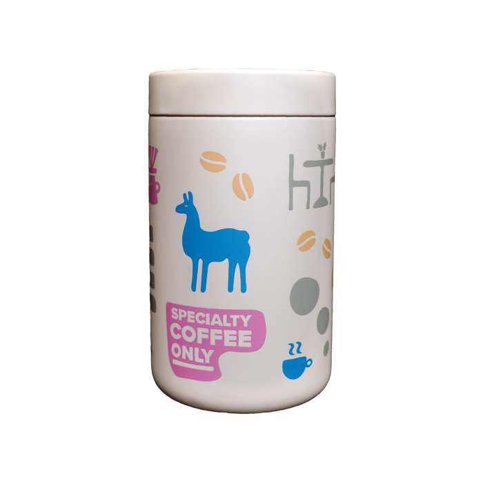 White reserve canister with colorful llama and coffee bean designs on a white background