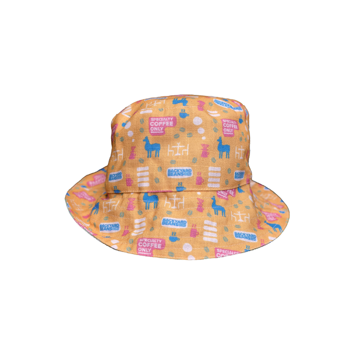 Bucket hat with colorful pattern on a white background