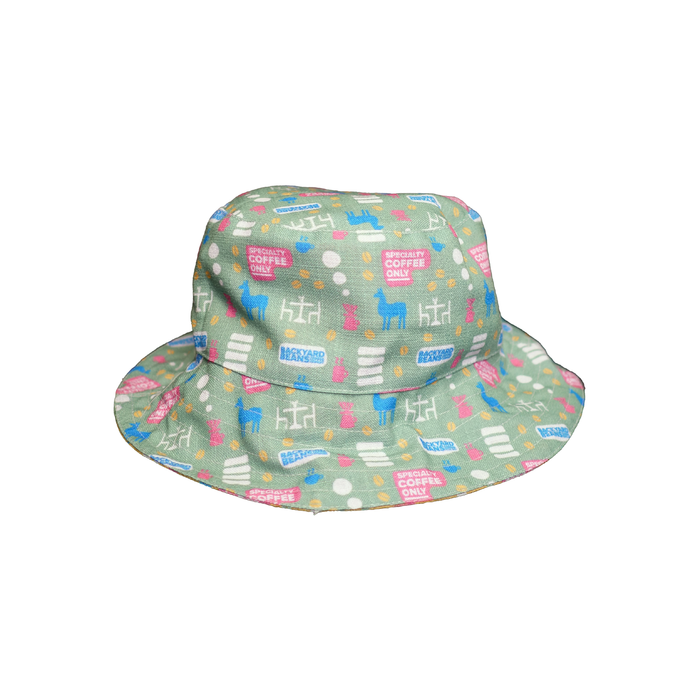 Bucket hat with colorful llama pattern on a white background