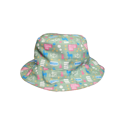 Bucket hat with colorful llama pattern on a white background