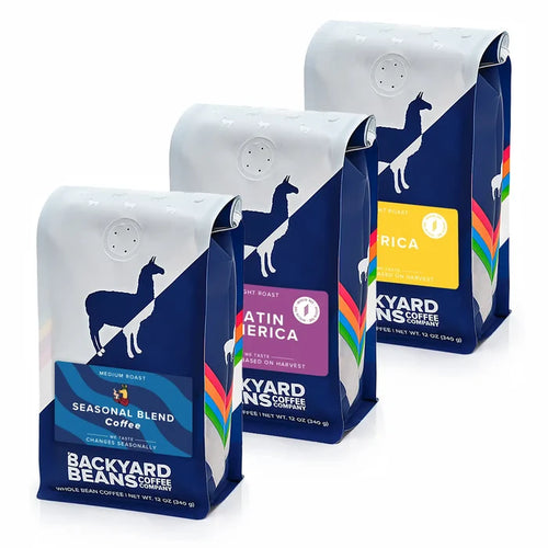 Three bags of Backyard Beans Coffee bundled, featuring the current seasonal roasts