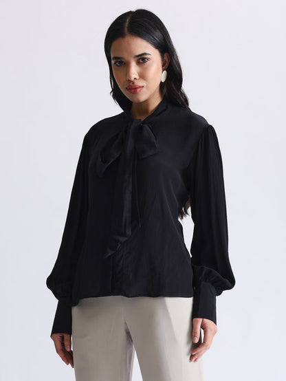 Shirt with Satin Tie-up Neck and Cuffed Sleeves