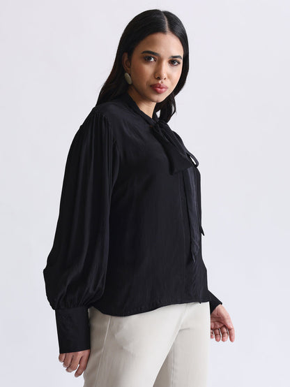 Shirt with Satin Tie-up Neck and Cuffed Sleeves