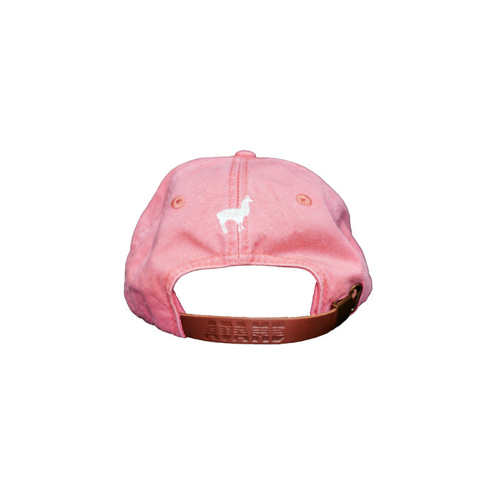 Image of back of coral dad hat with embroidered llama