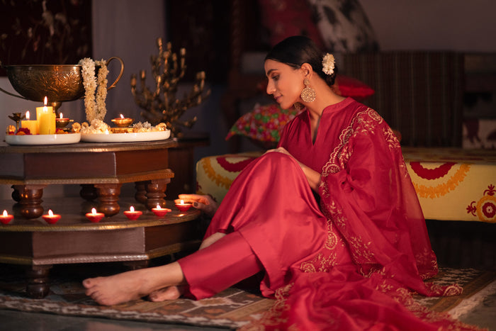 Stunning Red Chanderi Suit Set with Zari Work Dupatta & Matching Pants