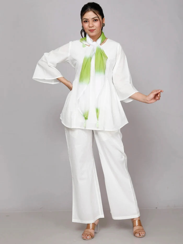 White Cotton Co-ord Set with Scarf