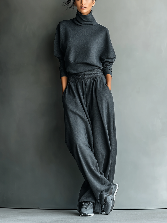 🌸 Women's Charcoal Knit Set with High Neck Top and Wide-Leg Pants