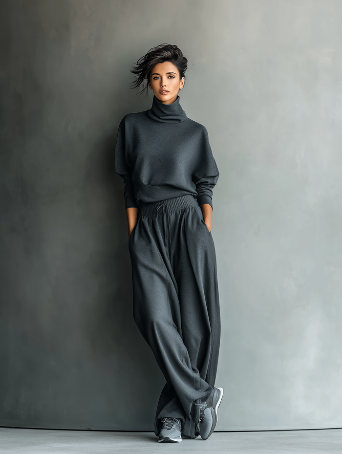 🌸 Women's Charcoal Knit Set with High Neck Top and Wide-Leg Pants