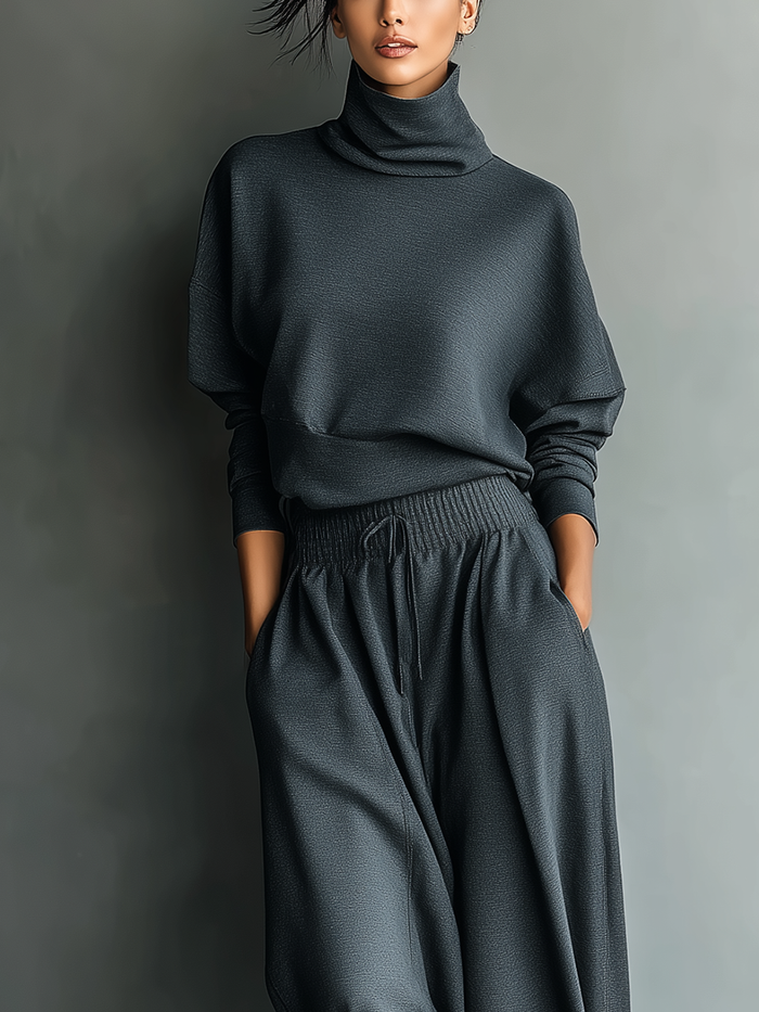 🌸 Women's Charcoal Knit Set with High Neck Top and Wide-Leg Pants