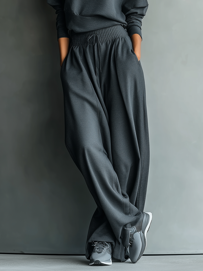 🌸 Women's Charcoal Knit Set with High Neck Top and Wide-Leg Pants