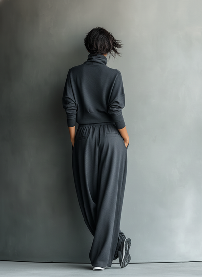 🌸 Women's Charcoal Knit Set with High Neck Top and Wide-Leg Pants