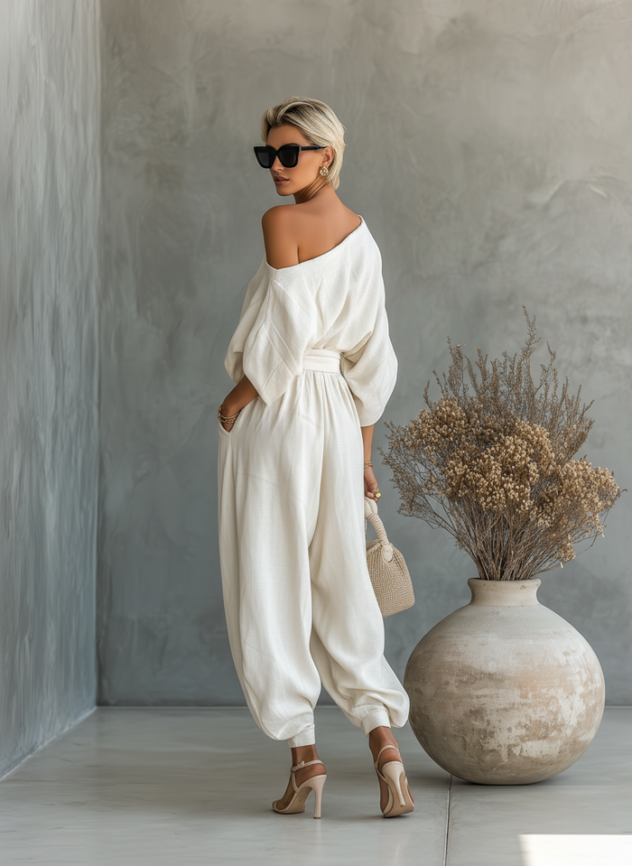 Women's Off-White Linen Set with Off-Shoulder Top and Tapered Pants • S1