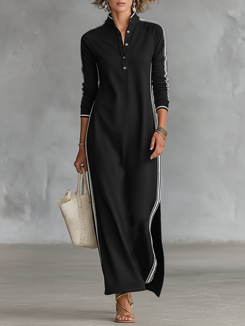 🌸  Women's Maxi Sweatshirt Dress with Button-Down Collar and White Trim