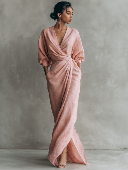 🌸 Women's Minimalist Maxi Dress in Pink with V-Neck, Linen Blend