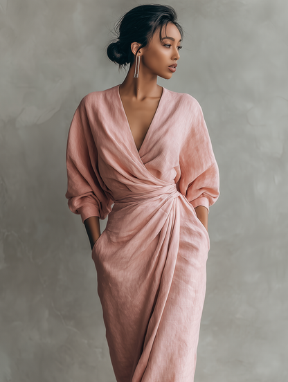 🌸 Women's Minimalist Maxi Dress in Pink with V-Neck, Linen Blend