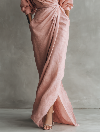 🌸 Women's Minimalist Maxi Dress in Pink with V-Neck, Linen Blend