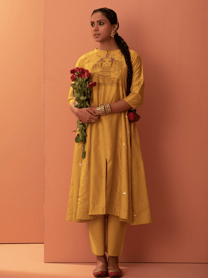 Yellow Chanderi Silk Embroidered Kurti Set