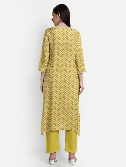 Yellow Cotton Printed Kurti Set