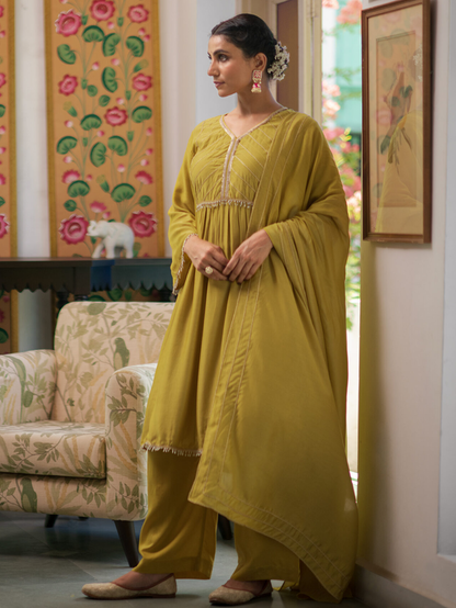 Yellow Party Wear Chanderi Silk Kurti with Dupatta