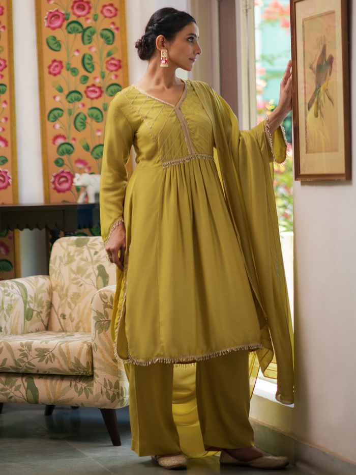 Yellow Party Wear Chanderi Silk Kurti with Dupatta