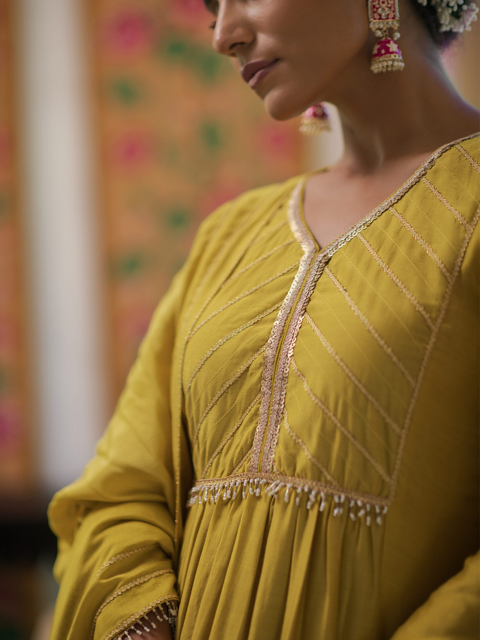 Yellow Party Wear Chanderi Silk Kurti with Dupatta