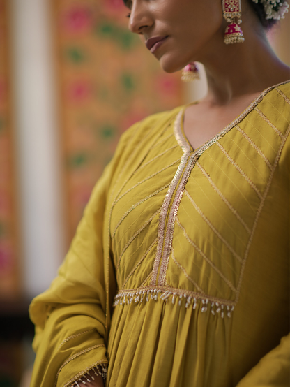 Yellow Party Wear Chanderi Silk Kurti with Dupatta