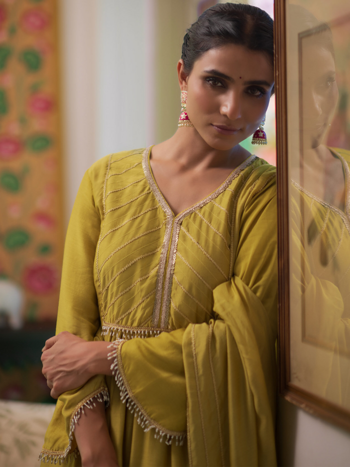 Yellow Party Wear Chanderi Silk Kurti with Dupatta