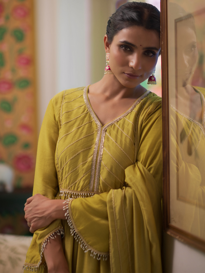 Yellow Party Wear Chanderi Silk Kurti with Dupatta